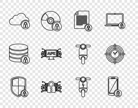 Set line Shield security with lock, Smartphone, Document and, Cyber, Cloud .. Stock Illustration