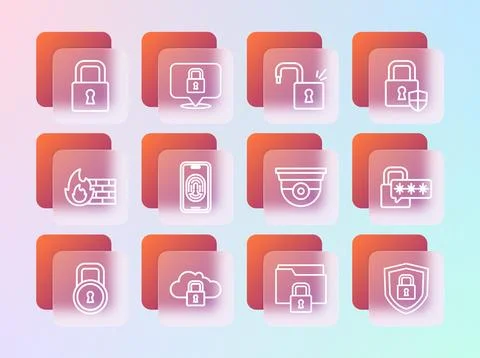 Set line Shield security with lock, Cloud computing, Security camera, Folde.. Stock Illustration