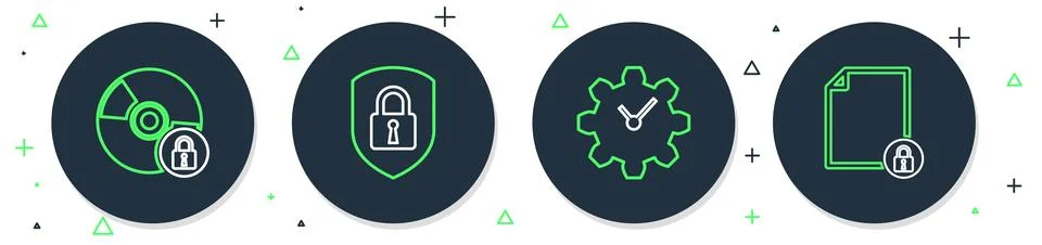 Set line Shield security with lock, Time Management, CD or DVD disk and Doc.. Stock Illustration