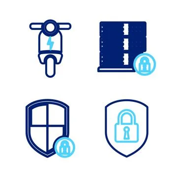 Set line Shield security with lock, Server and Electric scooter icon. Vector 스톡 일러스트