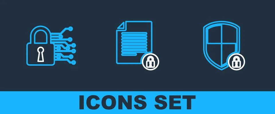 Set line Shield security with lock, Cyber and Document and icon. Vector Stock Illustration