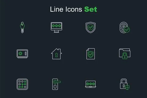Set line Shield security with lock, Laptop password, Fingerprint door, Grap.. Illustrazione stock