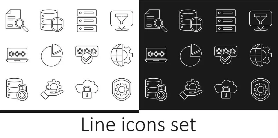 Set line Shield with settings gear, Globe of the Earth and, Server, Data, Web Illustrazione stock