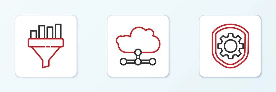 Set line Shield with settings gear, Sales funnel chart and Network cloud conn Illustrazione stock