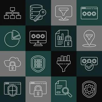 Set line Shield with settings gear, Password protection, Location sales funnel Illustrazione stock