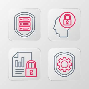 Set line Shield with settings gear, Document and lock, Human head and Server Illustrazione stock