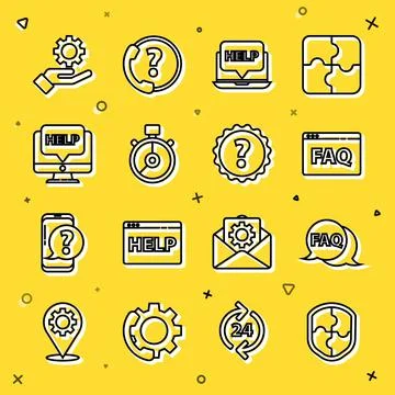 Set line Shield, Speech bubble with FAQ, Browser, Laptop and help, Stopwatch Stock Illustration
