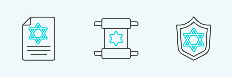 Set line Shield with Star of David, Torah scroll and  icon. Vector Stock Illustration