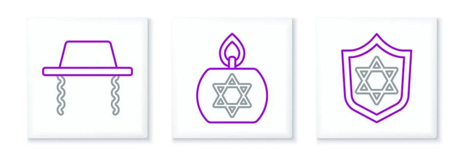 Set line Shield with Star of David, Orthodox jewish hat and Burning candle .. イラスト素材
