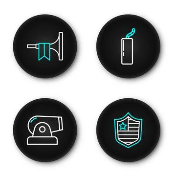 Set line Shield with stars, Cannon, Dynamite bomb and Trumpet icon. Vector Stock Illustration