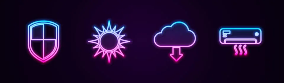 Set line Shield, Sun, Cloud download and Air conditioner. Glowing neon icon Stock Illustration