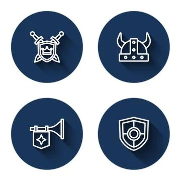 Set line Shield with swords, Viking in horned helmet, Trumpet flag and with long Illustrazione stock
