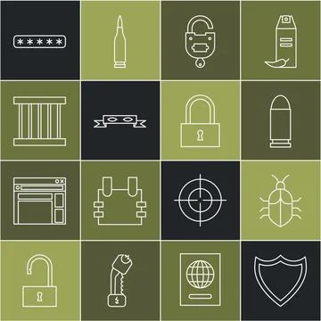 Set line Shield, System bug concept, Bullet, Lock and key, Thief eye mask Illustrazione stock