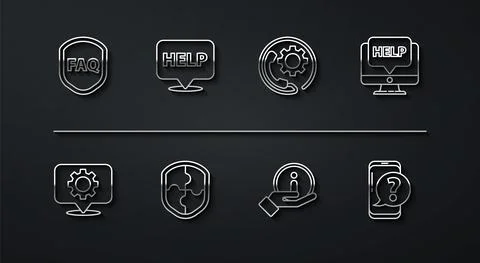 Set line Shield with text FAQ, Location gear, Computer monitor and help イラスト素材