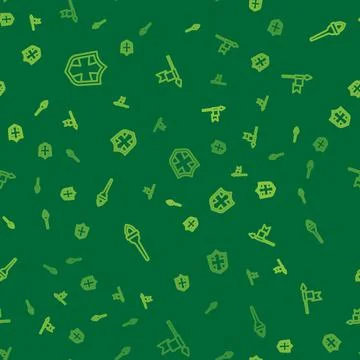 Set line Shield, Torch flame and Medieval spear on seamless pattern. Vector 스톡 일러스트