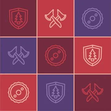 Set line Shield with tree, Circular saw blade and Wooden axe icon. Vector Stock Illustration