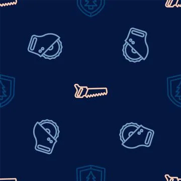 Set line Shield with tree, Electric circular saw and Hand on seamless pattern Stock Illustration