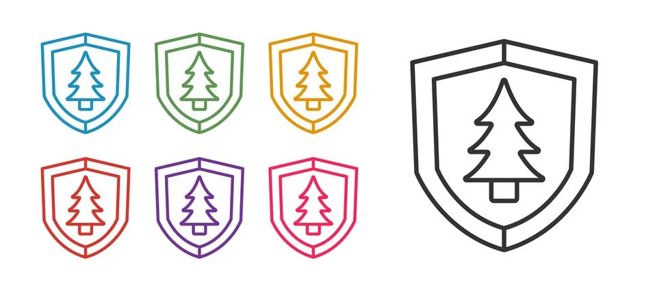 Set line Shield with tree icon isolated on white background. Eco-friendly Stock Illustration
