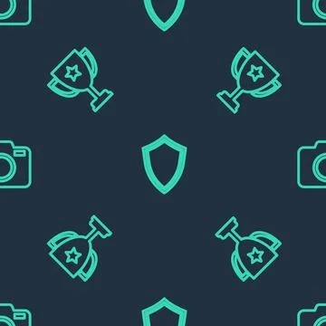 Set line Shield, Trophy cup and Photo camera on seamless pattern. Vector Illustrazione stock