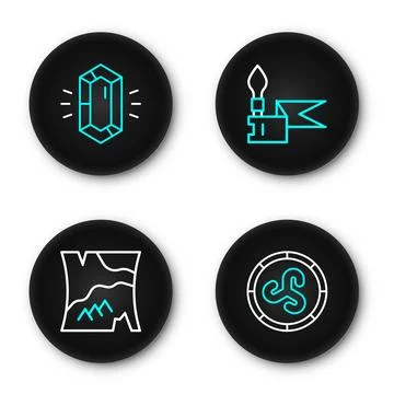 Set line Shield viking, Folded map, Medieval spear and Gem stone icon. Vector Stock Illustration