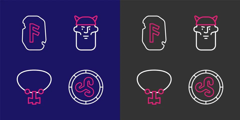 Set line Shield viking, Mace with spikes, Viking head and Magic rune icon. .. Illustration