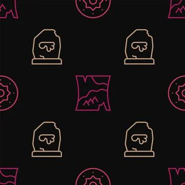 Set line Shield viking, Magic rune and Folded map on seamless pattern. Vector Stock Illustration