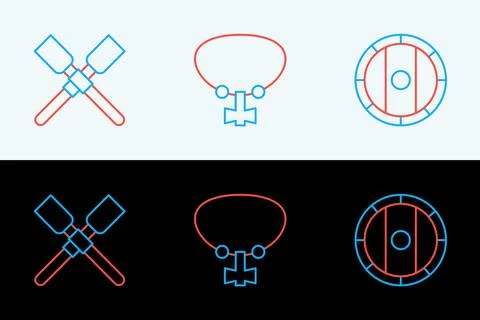 Set line Shield viking, Oars or paddles boat and Mace with spikes icon. Vecto Illustration