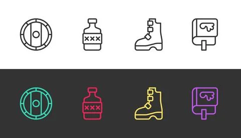 Set line Shield viking, Whiskey bottle, Ancient boots and Viking book on bl.. Stock Illustration