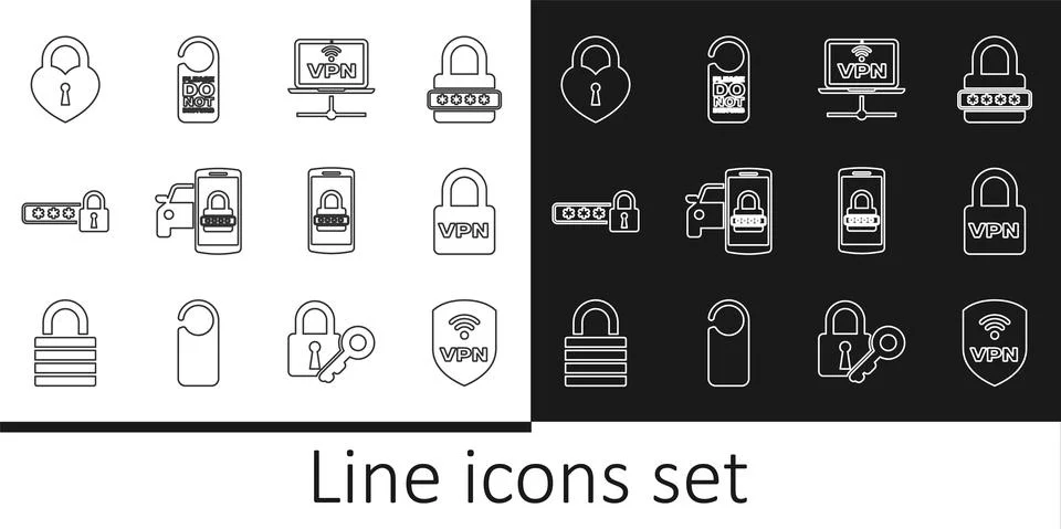 Set line Shield with VPN wireless, Lock, Computer network, Smart car security Stock Illustration