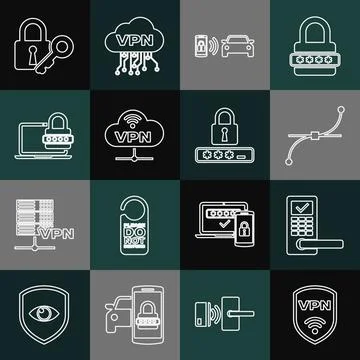 Set line Shield with VPN wireless, Digital door lock, Bezier curve, Smart car Stockillustratie