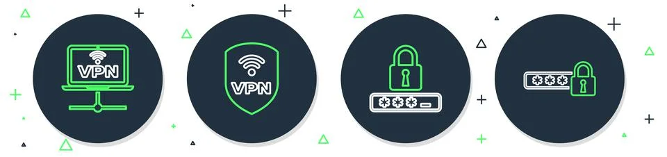 Set line Shield with VPN wireless, Password protection, Computer network and  Stock Illustration
