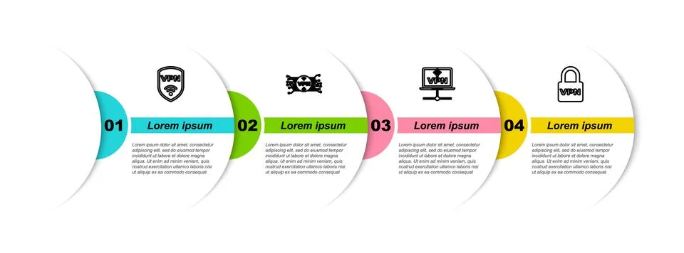 Set line Shield with VPN wireless, microchip circuit, Computer network and Lo Stock Illustration