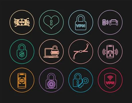 Set line Shield with VPN wireless, Smart car alarm system, Lock, Laptop pas.. Stock Illustration