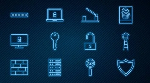 Set line Shield, Watch tower, Parking car barrier, Key, Lock on computer moni Stock Illustration