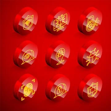 Set line Shield with WiFi wireless, System bug on monitor, Cyber security, Eye Stock-Illustration