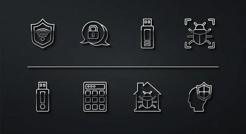 Set line Shield with WiFi wireless, USB flash drive, System bug, House system Illustrazione stock