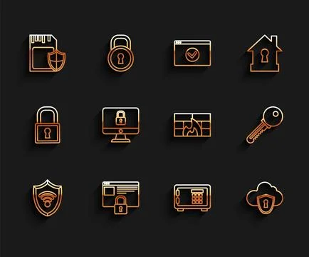 Set line Shield with WiFi wireless internet network Secure your site HTTPS SS Ilustração Stock