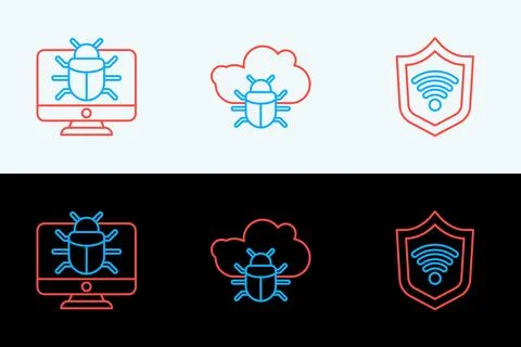 Set line Shield with WiFi wireless, System bug on monitor and a cloud icon... Stock-Illustration
