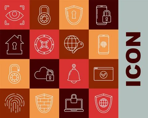 Set line Shield with world globe, Secure your site HTTPS, SSL, Smartphone 库存插图