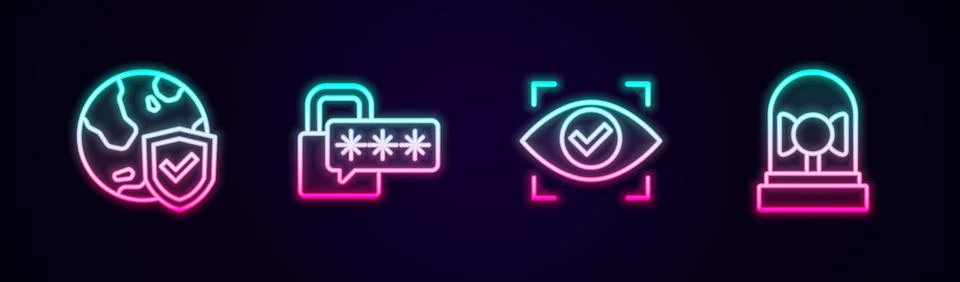 Set line Shield with world globe, Cyber security, Eye scan and Ringing alarm Stock Illustration