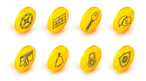 Set line Shield with world globe, Safe combination lock wheel, Ringing bell,  Stockillustratie