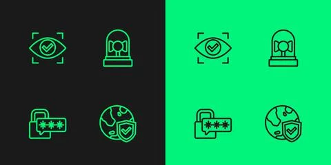Set line Shield with world globe, Cyber security, Eye scan and Ringing alarm  Stock Illustration