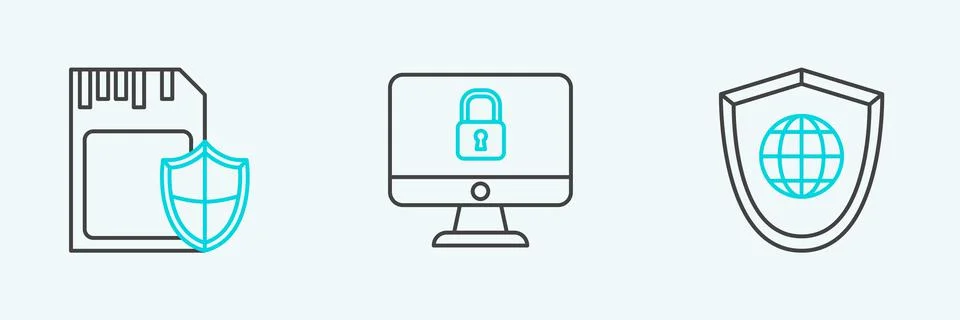 Set line Shield with world globe, SD card and shield and Lock on computer mon Stock Illustration
