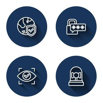 Set line Shield with world globe, Cyber security, Eye scan and Ringing alarm Stock Illustration