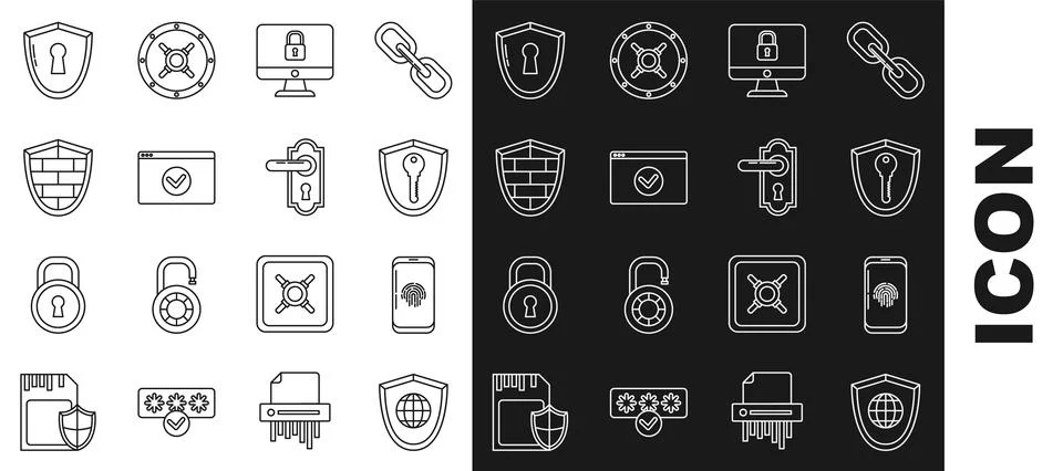 Set line Shield with world globe, Smartphone fingerprint scanner, key, Lock Illustration
