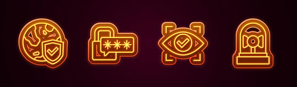 Set line Shield with world globe, Cyber security, Eye scan and Ringing alarm Stock Illustration