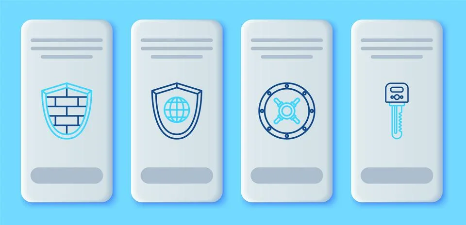 Set line Shield with world globe, Safe, cyber security brick wall and Key icon Stock Illustration