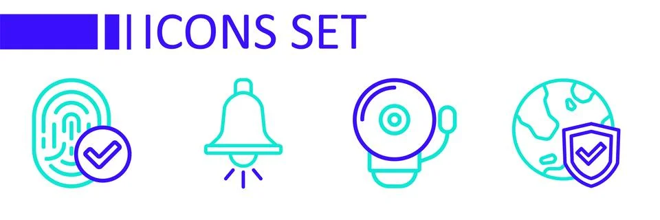 Set line Shield with world globe Ringing alarm bell and Fingerprint icon. Vec Stock Illustration