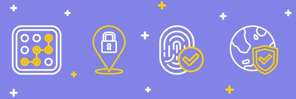 Set line Shield with world globe Fingerprint Lock and Graphic password protec Stock Illustration