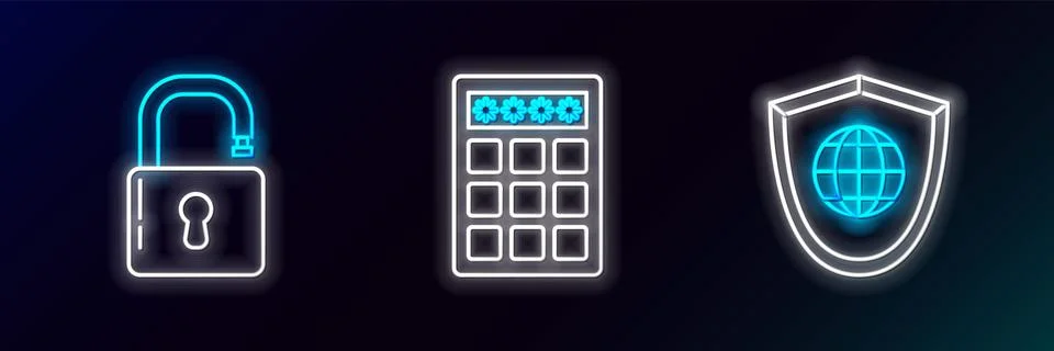 Set line Shield with world globe, Open padlock and Password protection and .. Stock Illustration